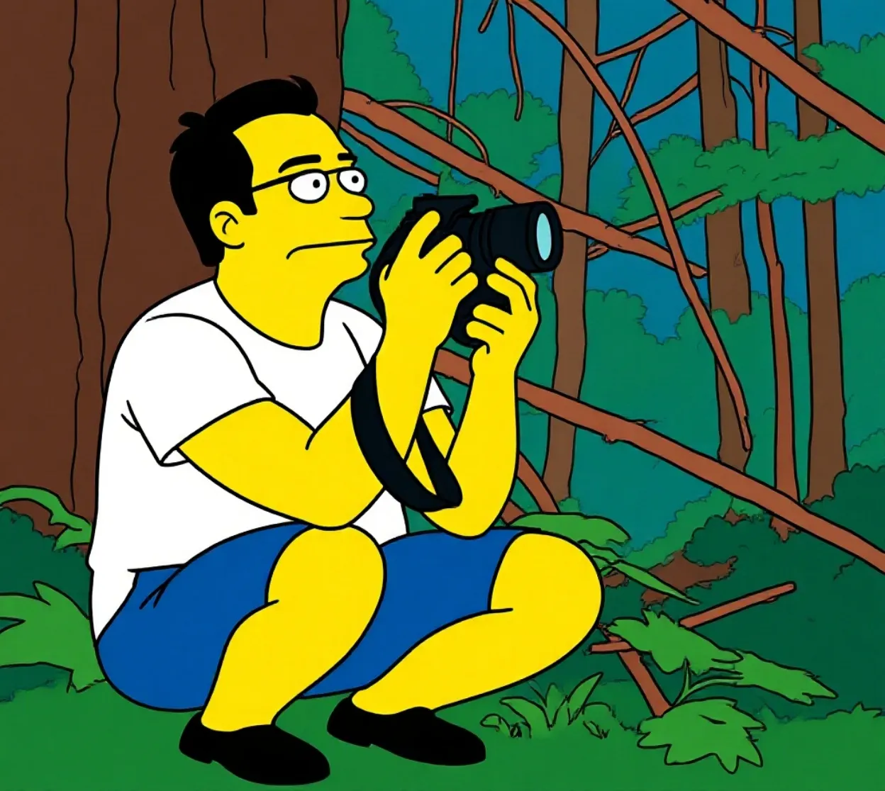 David  croutched down, holding and camera and looking up